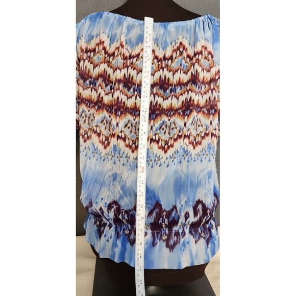 GUESS Blouse Top Size XS Ikat Aztec Colorful Cold Shoulder Short Sleeve Sheer - Picture 5 of 11